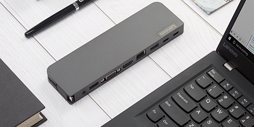 Lenovo USB-C Mini Dock next to a laptop