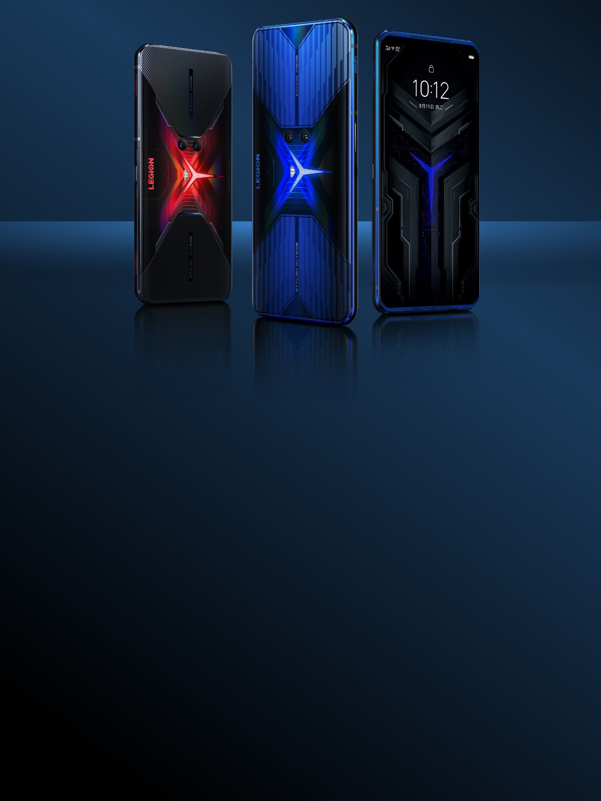 Three Lenovo Legion Phone Duel standing in portrait orientation with blue and red back covers against dark blue background