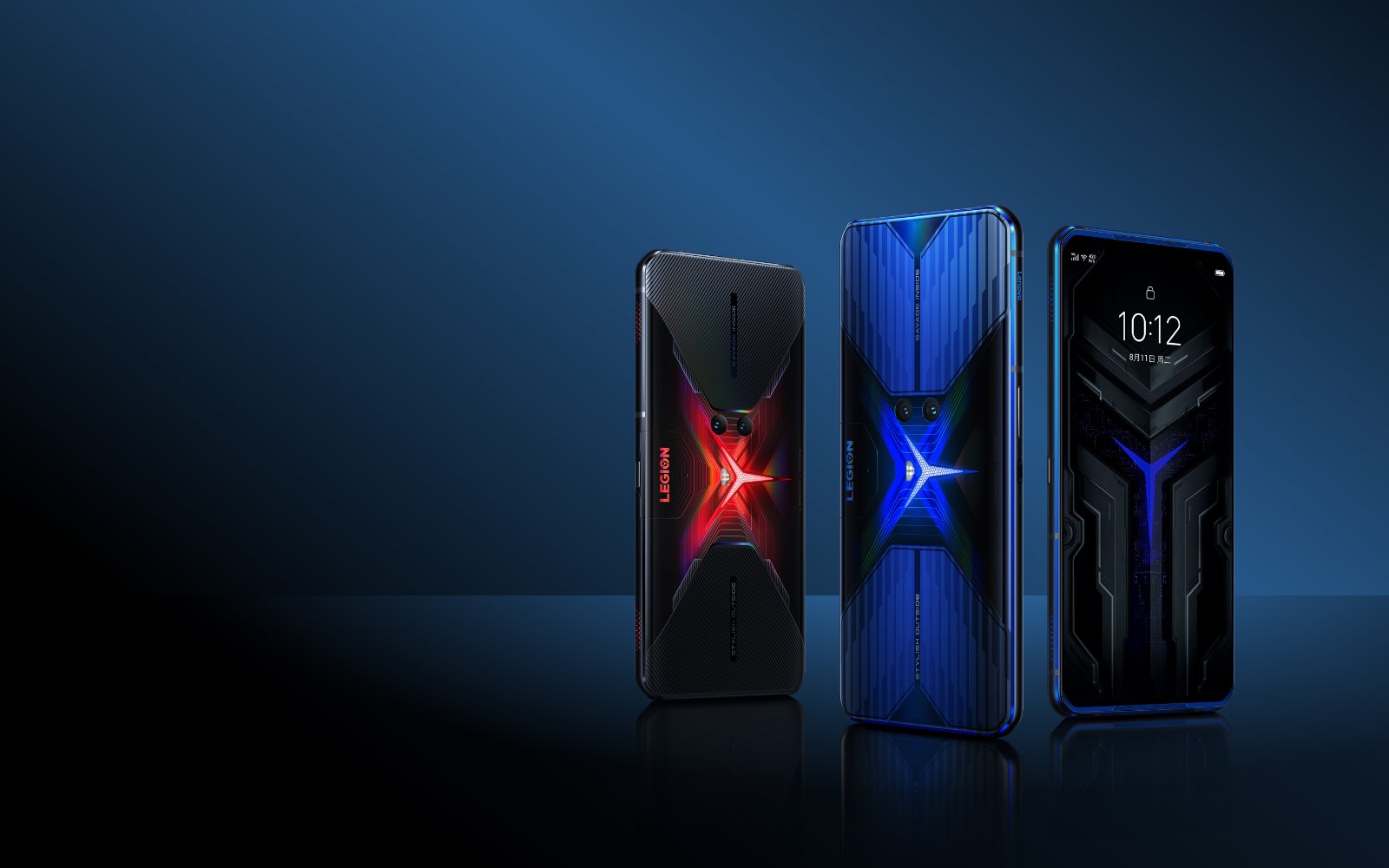 Three Lenovo Legion Phone Duel standing in portrait orientation with blue and red back covers against dark blue background