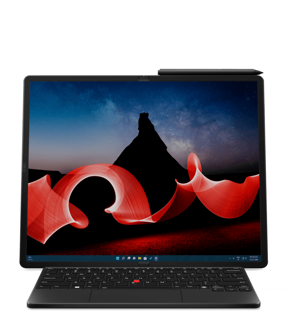 The Lenovo ThinkPad X1 Fold in landscape mode attached to optional keyboard with pen attached at top.