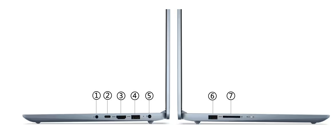 Two back-to-back profile views of the Lenovo IdeaPad Slim 3i Gen 8 laptop showing ports & slots on right & left sides.