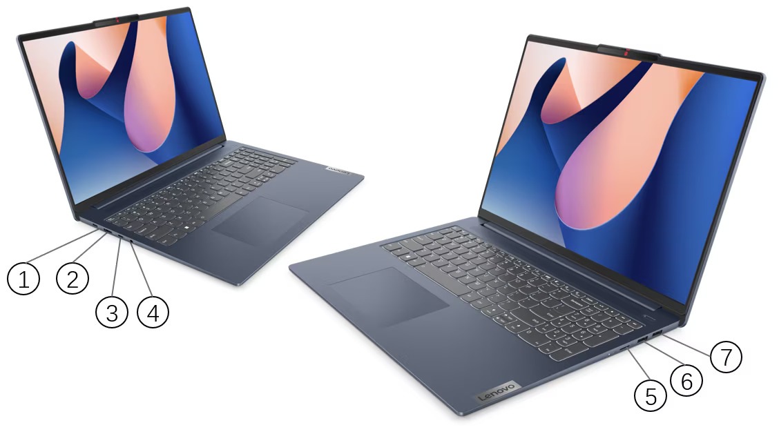 IdeaPad Slim 5i Gen 8 筆電的左右側視圖，打開 90 度，顯示鍵盤邊緣、上蓋和連接埠