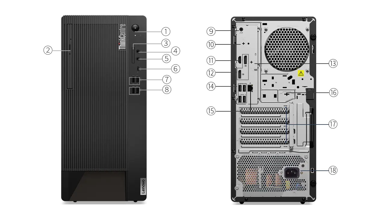Front facing ThinkCentre M90t Gen 3 (Intel) Tower, showing front ports,Rear facing ThinkCentre M90t Gen 3 (Intel) Tower, showing rear ports
