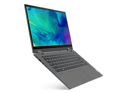 Three-quarter angled view of right-facing Lenovo Yoga Slim showing display and keyboard.