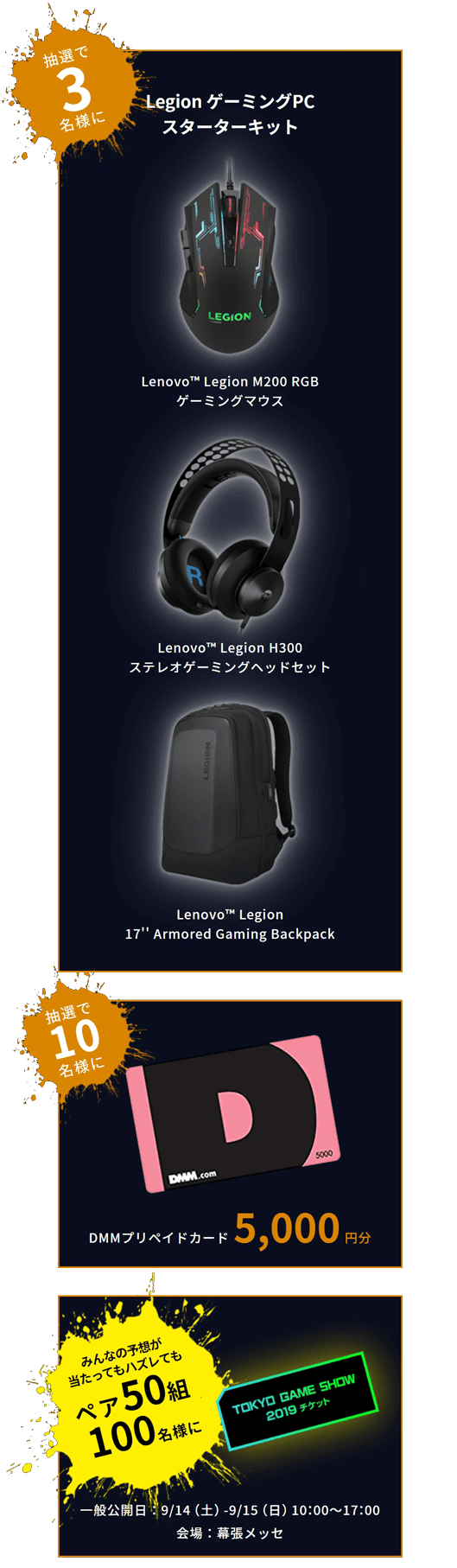 抽選で３名様に 1LegionゲーミングPCスターターキット Lenovo™ Legion M200 RGB
                               ゲーミングマウス Lenovo™ Legion H300
                               ステレオゲーミングヘッドセット Lenovo™ Legion
                               17'' Armored Gaming Backpack
                               抽選で10名様にDMMプリペイドカード5,000円分
                               みんなの予想が当たってもハズレてもペア50組100名様に TOKYO GAME SHOW2019チケット