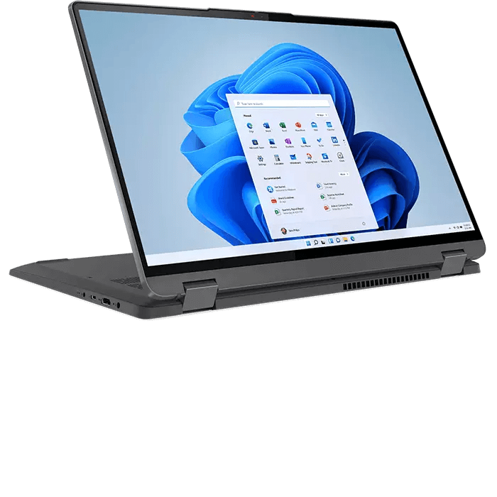 Left-side view of IdeaPad Flex 5 Gen 7, opened 90 degrees in presentation mode, showing display 