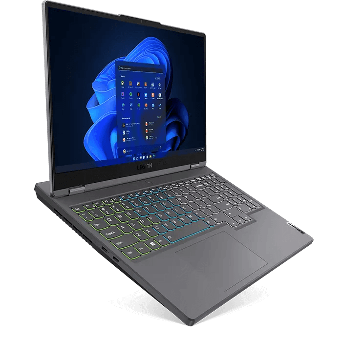 Left-side view of Legion 5i gaming laptop, opened 90 degrees, showing display and keyboard
