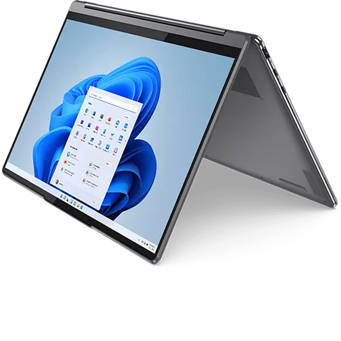 Right-side view of Yoga 9i Gen in tent mode, tilted at an angle, showing display