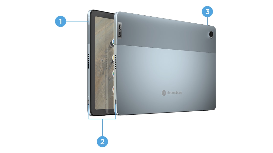 Lenovo IdeaPad Duet 370 Chromebook 右側、左側のポートを展示しています。