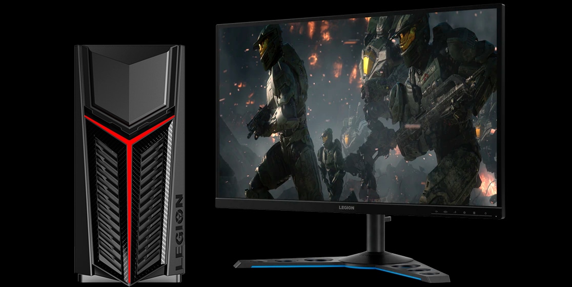 A Lenovo Legion R5, alongside a standalone monitor showing fighters in action