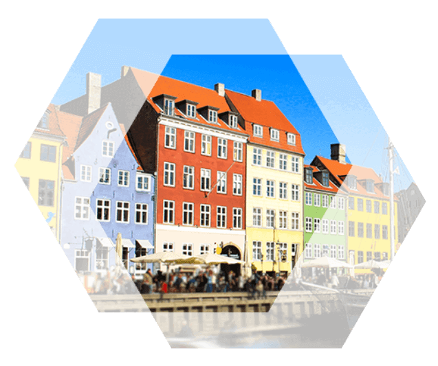 An historic row of buildings in Copenhagen, Denmark