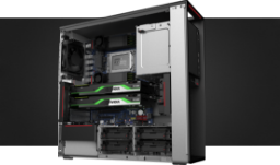 Detail of interior components, left-side view of Lenovo ThinkStation P620 tower workstation, including dual NVIDIA® graphics cards.