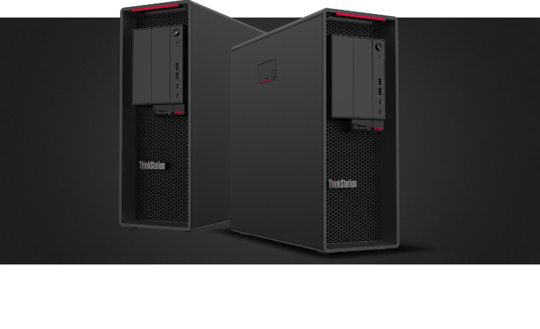 Two Lenovo ThinkStation P620 tower workstations, one angled slightly to show front and right-side views, with the other angled to show front and left-side views. 