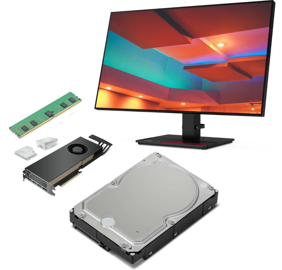 5 accesorios compatibles con la workstation de torre Lenovo ThinkStation P620 con monitor y tarjeta gráfica.
