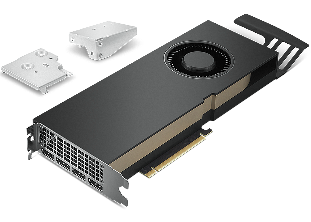 Close up of NVIDIA Quadro RTX 6000 graphics card, compatible with the Lenovo ThinkStation P620 tower workstation.