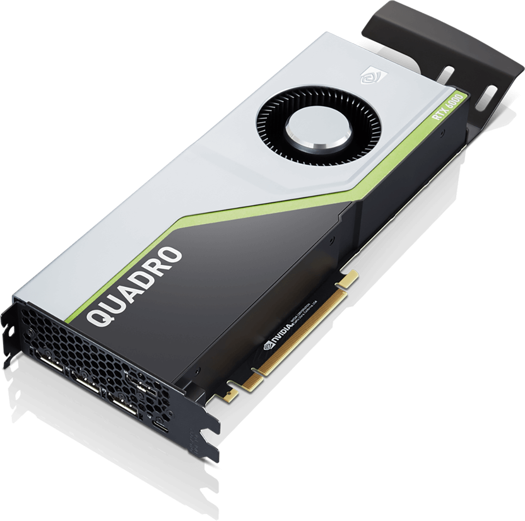 Close up of NVIDIA Quadro RTX 6000 graphics card, compatible with the Lenovo ThinkStation P620 tower workstation.