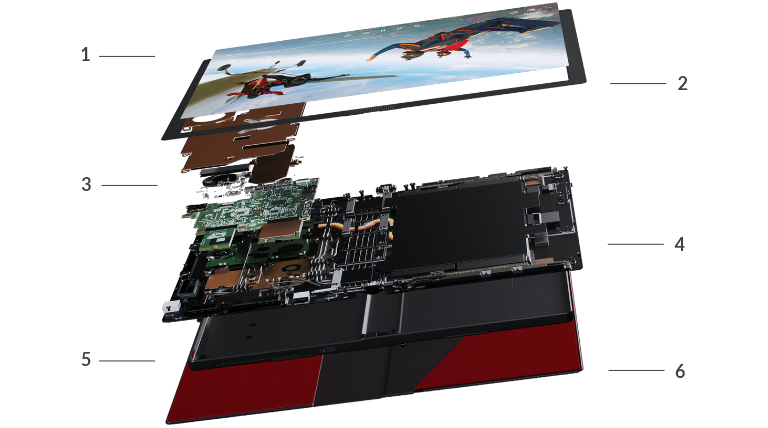 The start of an exploded view of Lenovo ThinkPad X1 Fold lying flat, showing approximately 3 layers