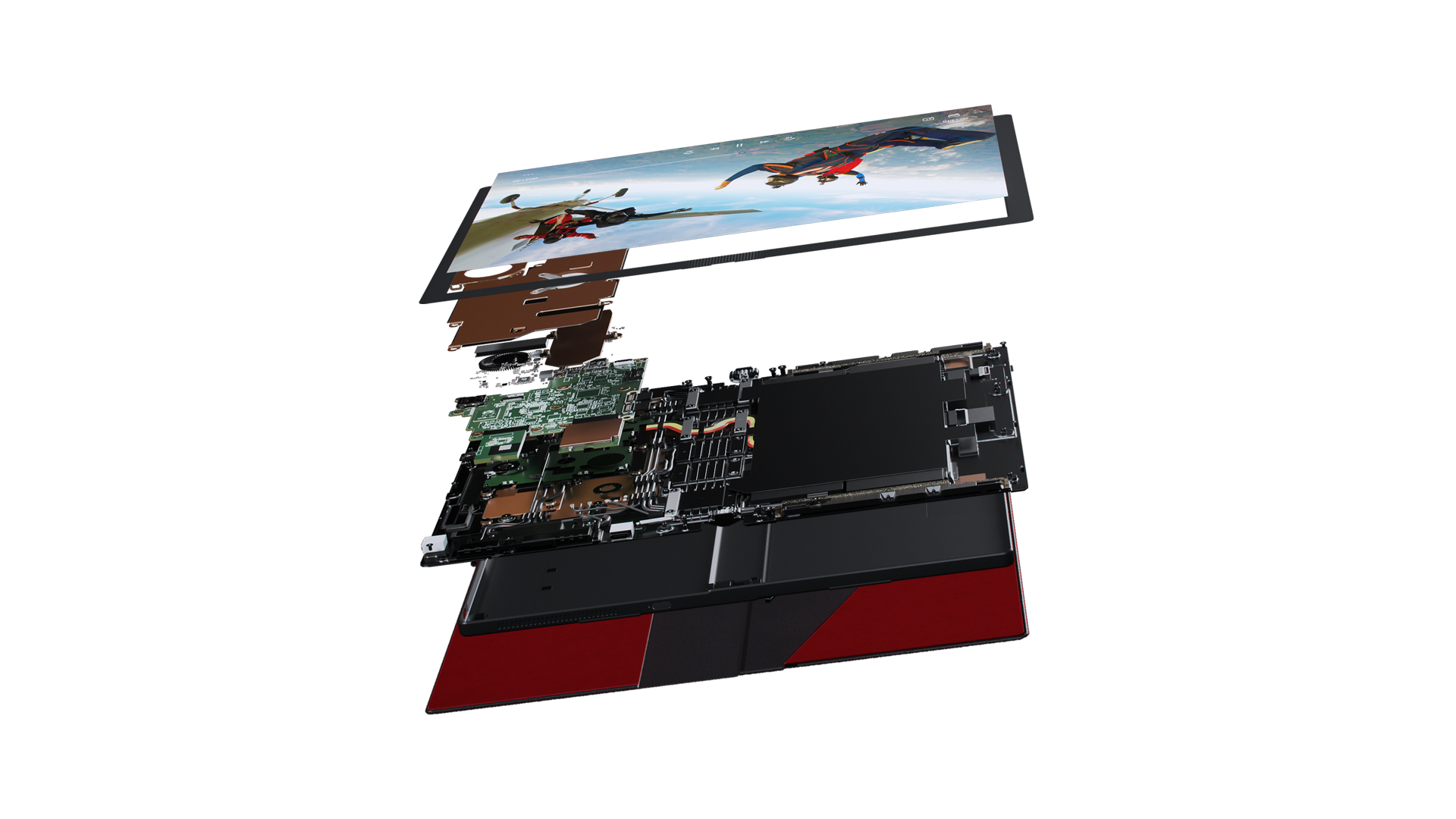 Awal dari tampilan memukau Lenovo ThinkPad X1 Fold yang berbaring lurus, menampilkan sekitar 3 lapisan