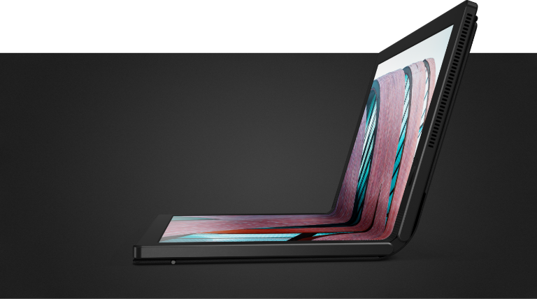 Vista del lado izquierdo de Lenovo ThinkPad X1 Fold abierta a unos 95 grados.