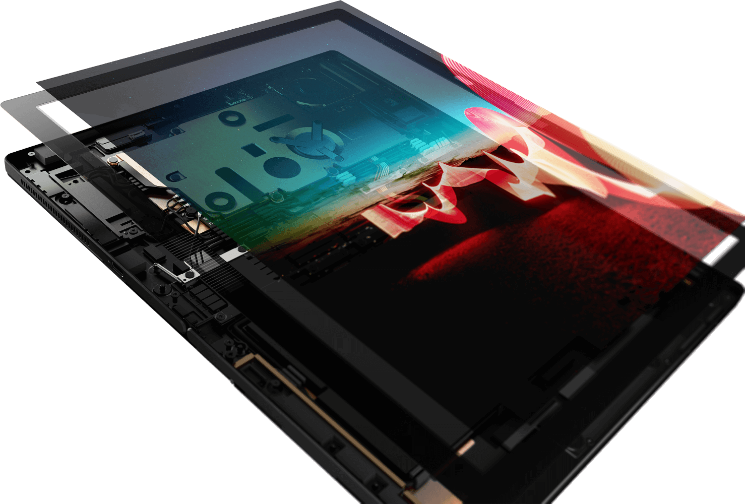 The start of an exploded view of Lenovo ThinkPad X1 Fold lying flat, showing approximately 3 layers