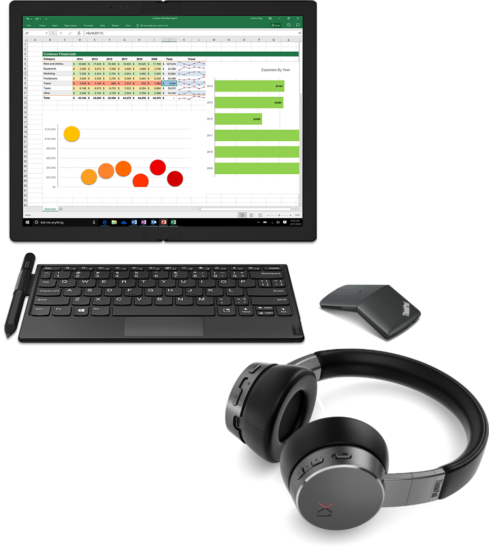 ThinkPad X1 Fold product accessory grouping with monitor, keyboard, pen, mouse, and headphones