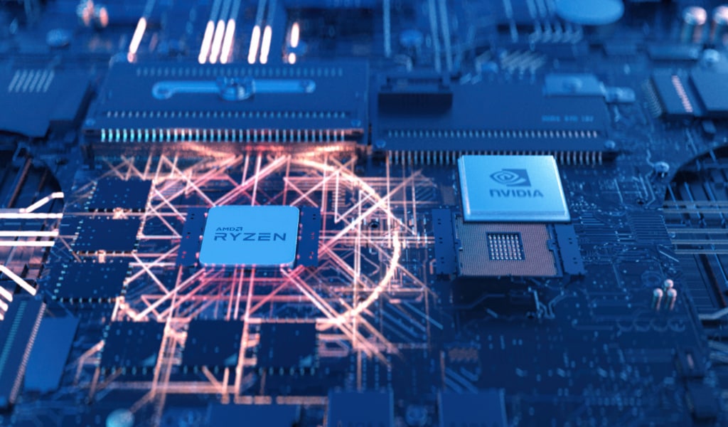 Pohled na základní desku s čipem AMD Ryzen a grafikou Nvidia