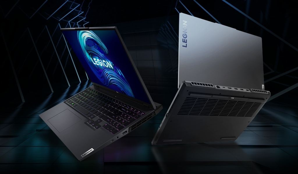 Four Lenovo Legion gaming laptops facing different directions, with cover open at varying degrees: Lenovo Legion 5, Lenovo Legion 5 Pro, Lenovo Legion 7, and Lenovo Legion Slim 7.