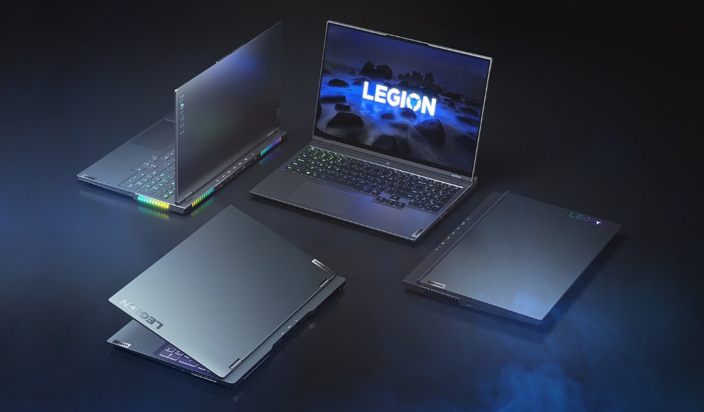 Four Lenovo Legion gaming laptops facing different directions, with cover open at varying degrees: Lenovo Legion 5, Lenovo Legion 5 Pro, Lenovo Legion 7, and Lenovo Legion Slim 7.