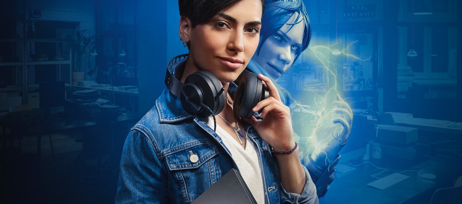 Girl with headphones holding a Lenovo Laptop, and a alter game character of her