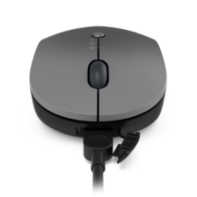 Lenovo Go Wireless Multi-Device Mouse front view with USB-C charging cable connected