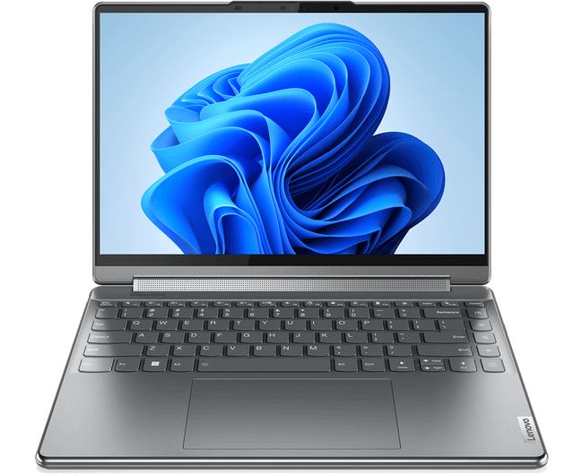 Un portátil Lenovo abierto con una pantalla que muestra un gráfico floral azul 