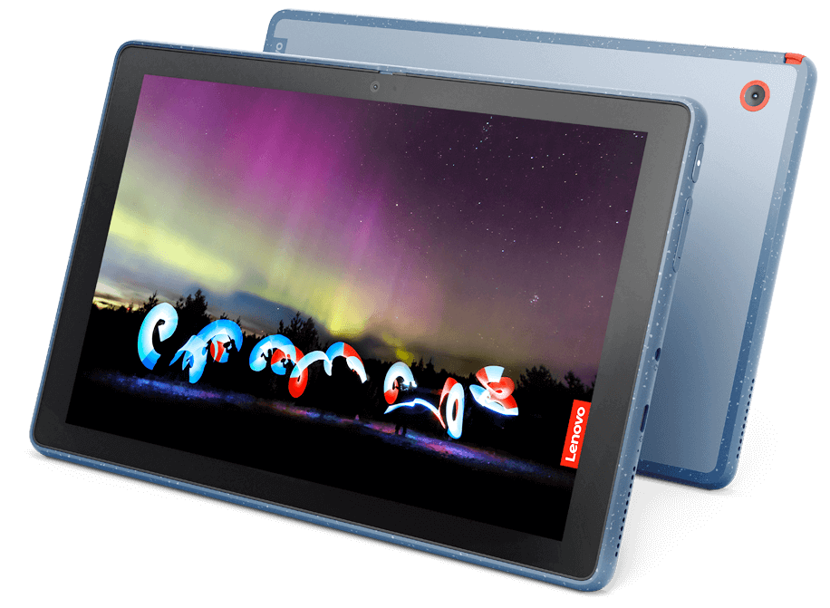 Twee identieke Lenovo-tablets, met de ruggen tegen elkaar, met op het scherm van de ene een nachtelijke hemel met het noorderlicht en een afbeelding van een draaiende beweging op de grond 