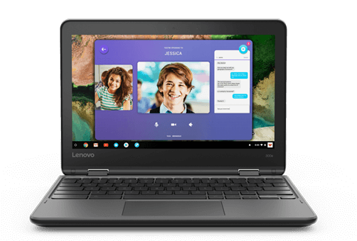 Lenovo Chromebook 300e avec deux personnes dans une application de conférence sur l’écran