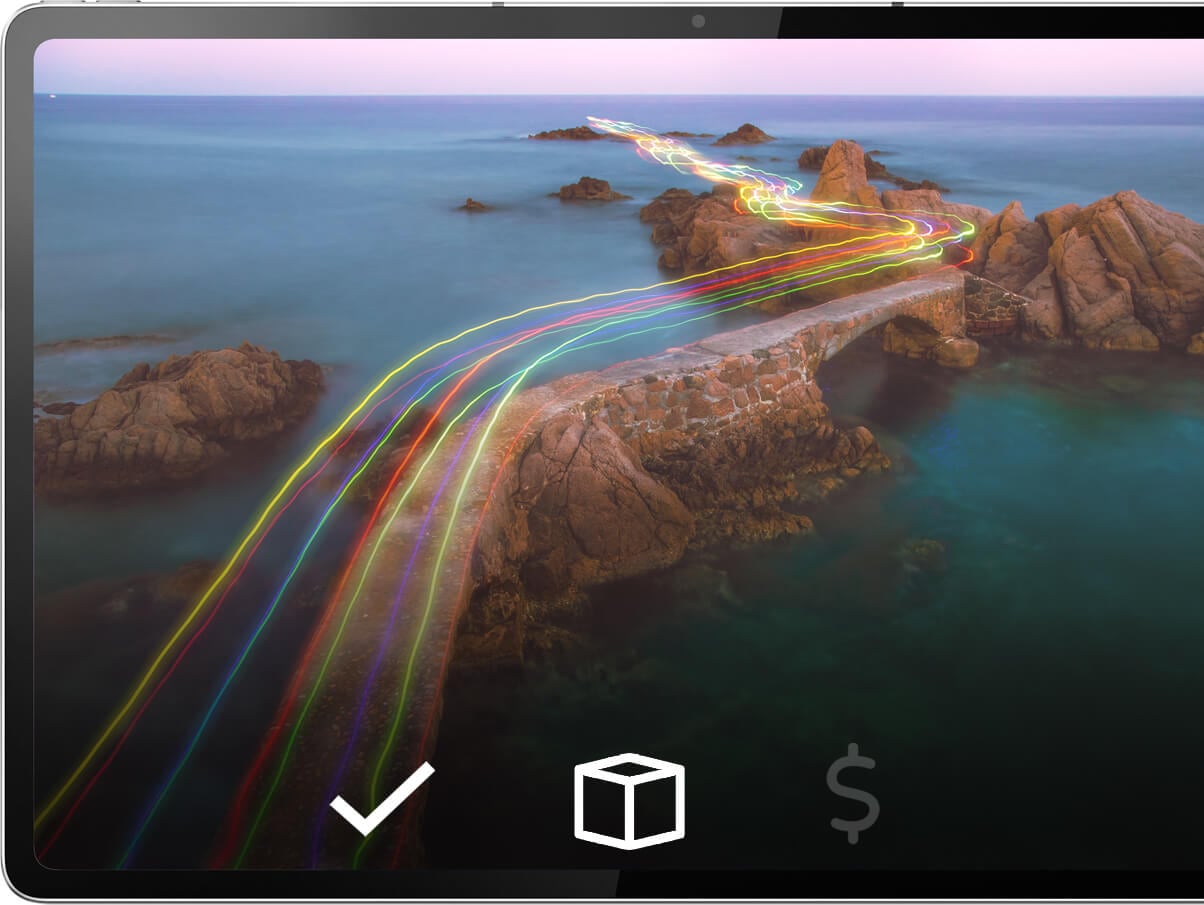 Tablet display with image of path on top of rocky peninsula, with colored light graphics simulating motion across it