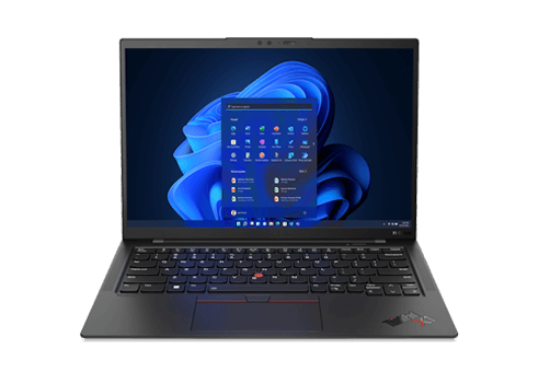 ThinkPad X1 Carbon laptop showing menu selections on the display