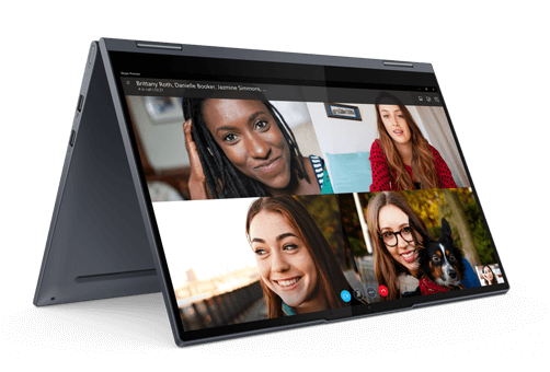 Yoga 7i 2-in-1 in tent mode, with four people in a conference app on the display