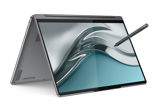 Yoga 9i 2-in-1 laptop in tent mode, showing silver graphic resembling mercury on the display and a stylus suspended in air, touching the display