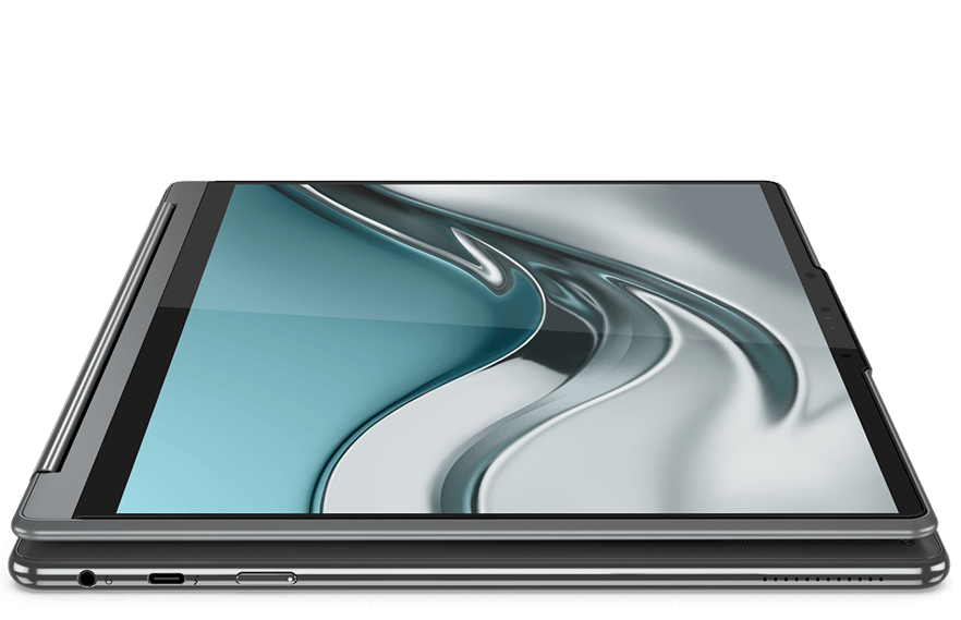 Vue de gauche du 2-en-1 Lenovo en mode tablette, couché à plat, l’écran affichant un graphique argenté ondulé ressemblant à du mercure