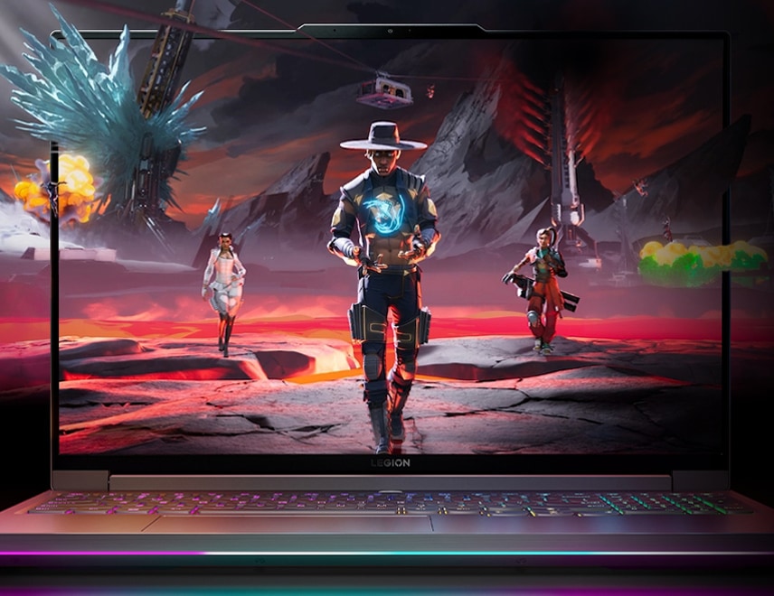 Vooraanzicht op ooghoogte van Legion 7-laptop die 90 graden is geopend, met toetsenbord en close-up van het scherm.