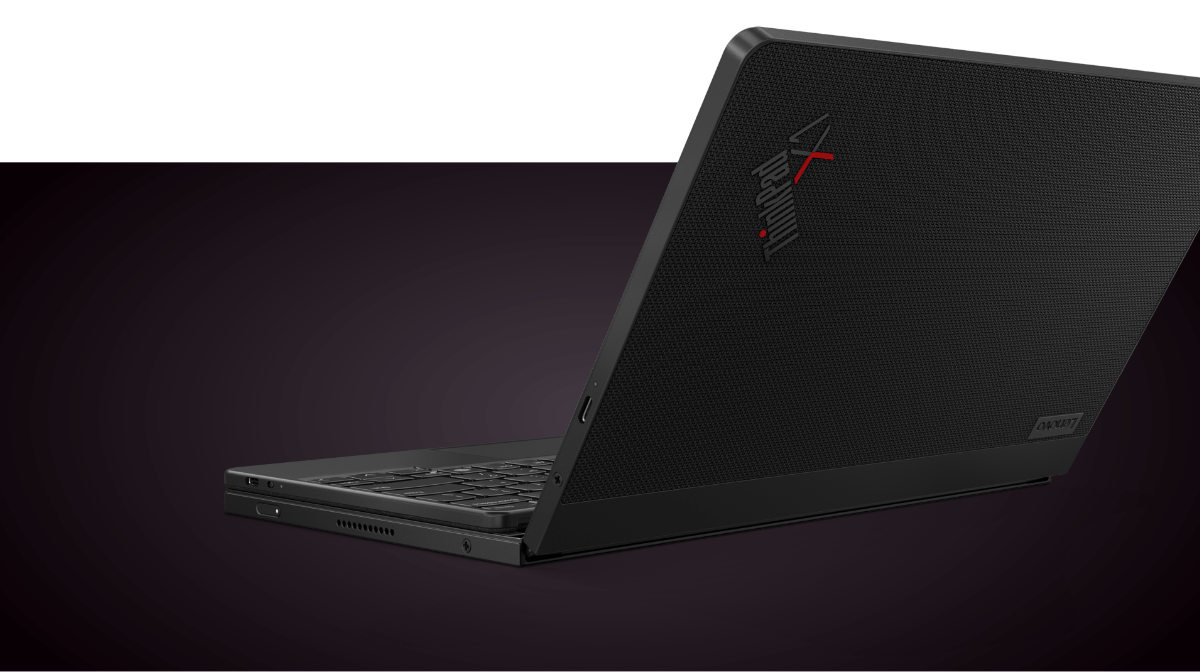 Achteraanzicht van de Lenovo ThinkPad X1 Fold, geopend in laptopstand, waarbij het toetsenbord op de onderste helft van het scherm is geplaatst.