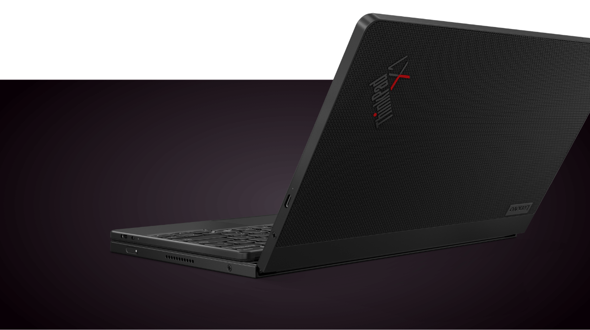 Close-up of the hinge & the OLED display Lenovo ThinkPad X1 Fold open in laptop mode. View on mobile