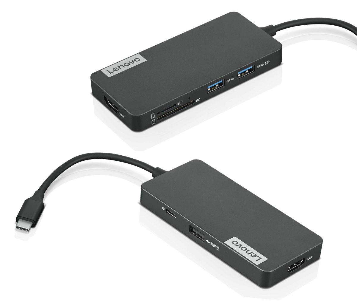 Two Lenovo USB-C 7-in-1 Hubs showing ports on front, rear, and left sides.