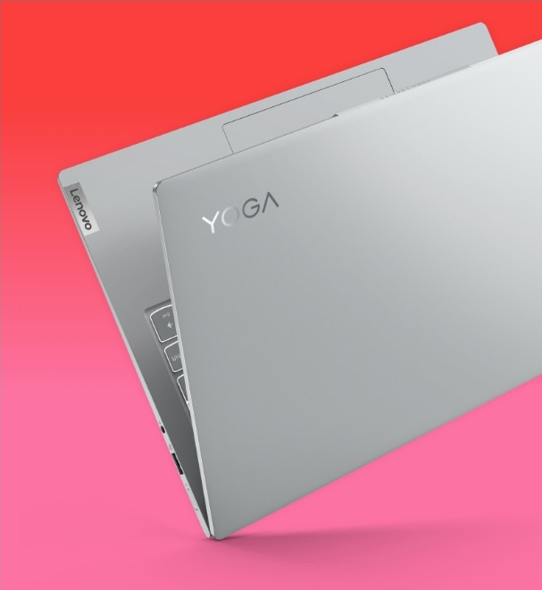 Lenovo Yoga laptop open 45 degrees and balancing on its left rear corner