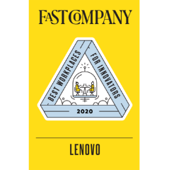 une affiche avec arrière-plan jaune, avec un logo en triangle disant entreprise rapide, Lenovo