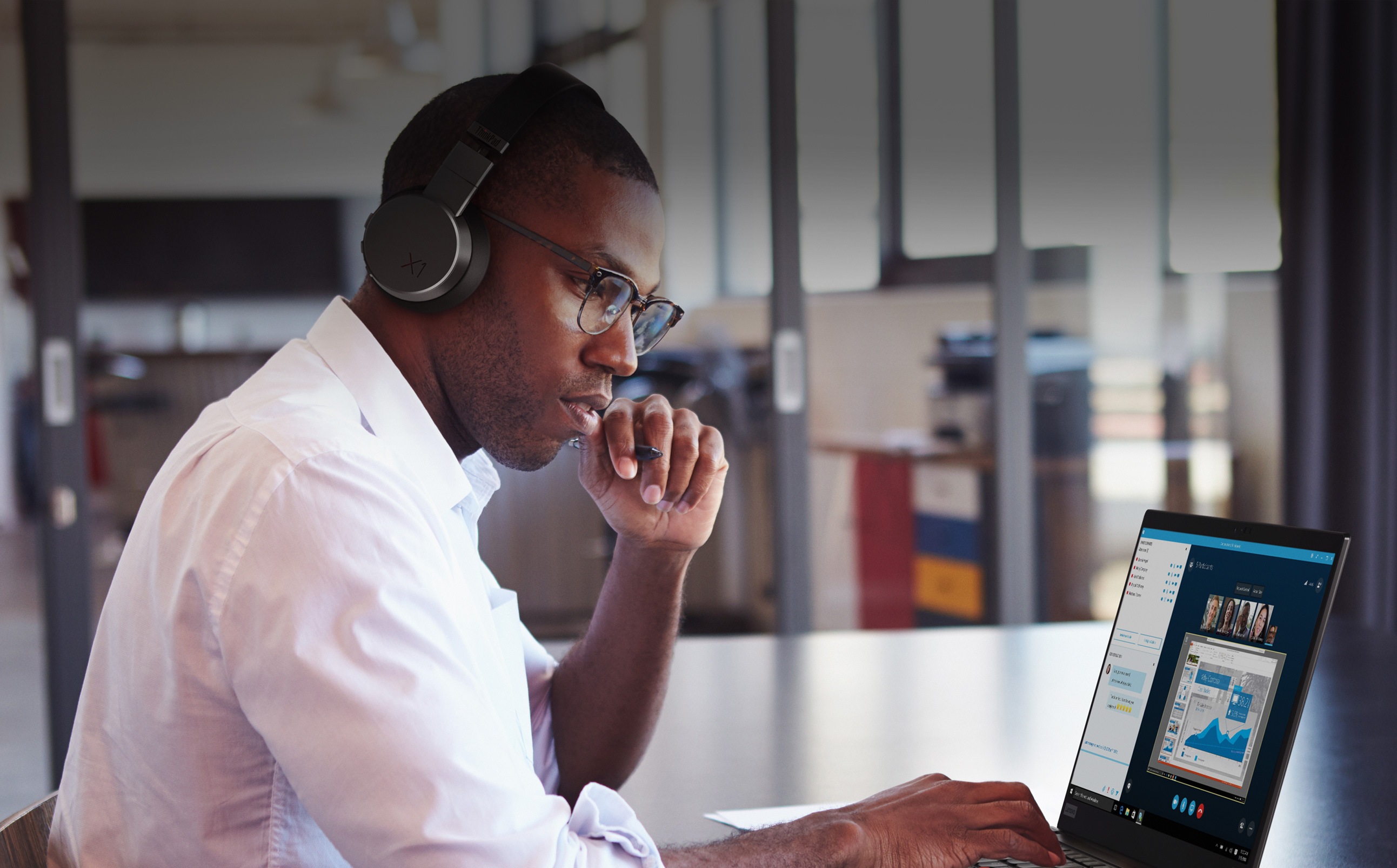 ThinkPad X1 ANC Headphones Man Wearing Headphones