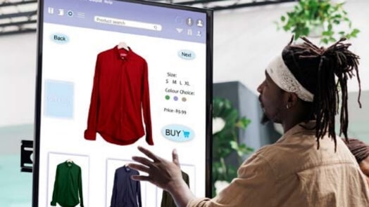 Shopper using interactive kiosk for clothing