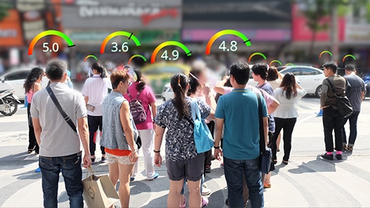 City view with people and wait times superimposed