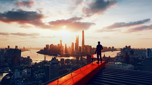 Man surveying cityscape at dawn