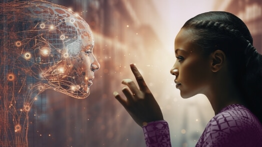 Woman looking at her digital twin