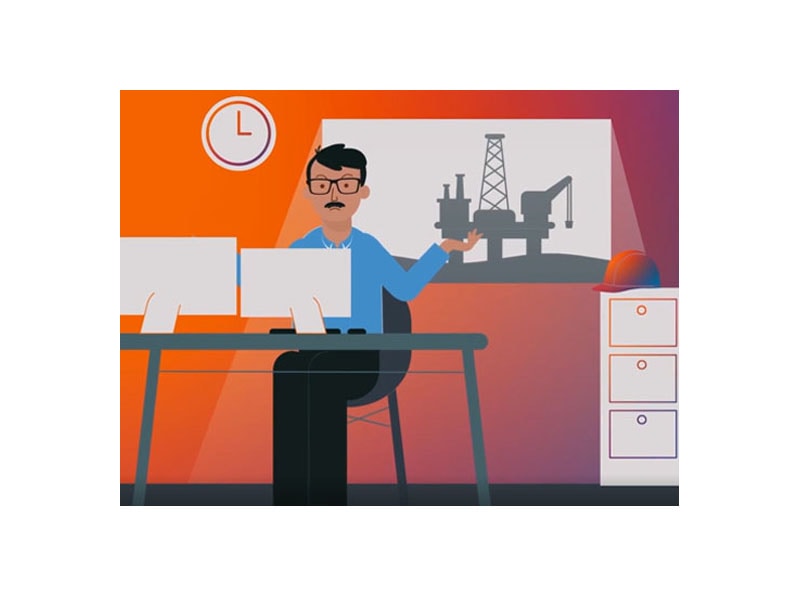Illustration of a man sitting at a desk pointing to an oil rig
